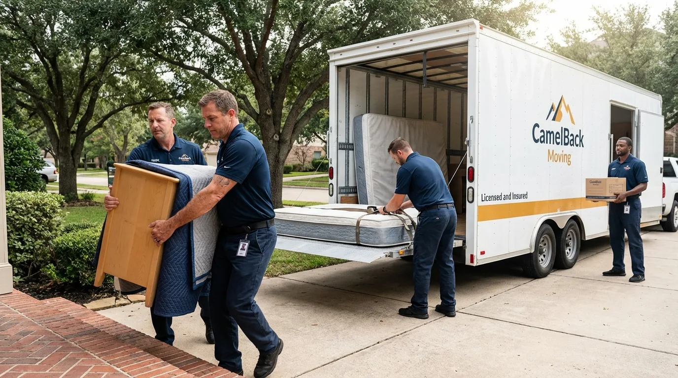 Crew loading residential truck for cross-state move from Winchester, CA
