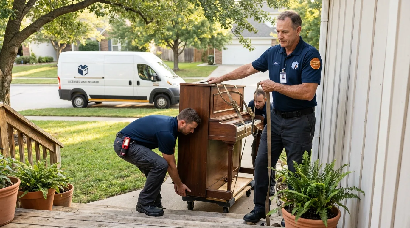 Licensed piano movers securing grand piano in Winchester, CA