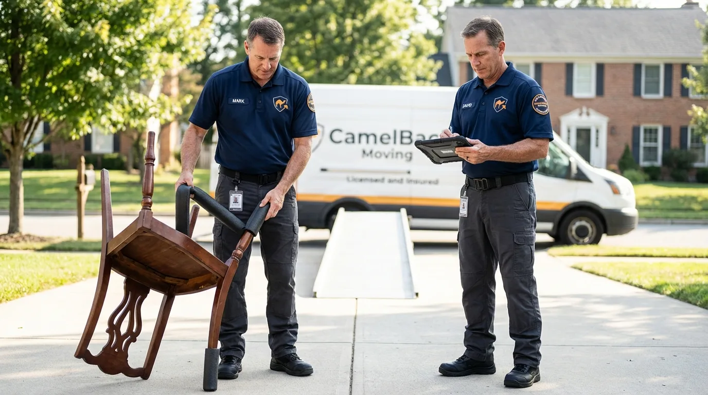 Movers inspecting furniture for damage prevention before loading in Winchester, CA